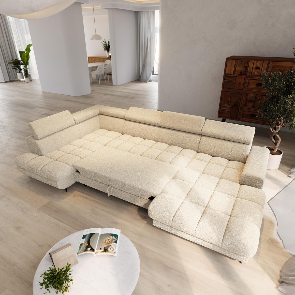 WOHNLANDSCHAFT CORENO Creme Boucle-Stoff mit Schlaffunktion - Creme, Holz (345/88/190cm) - MASSENO