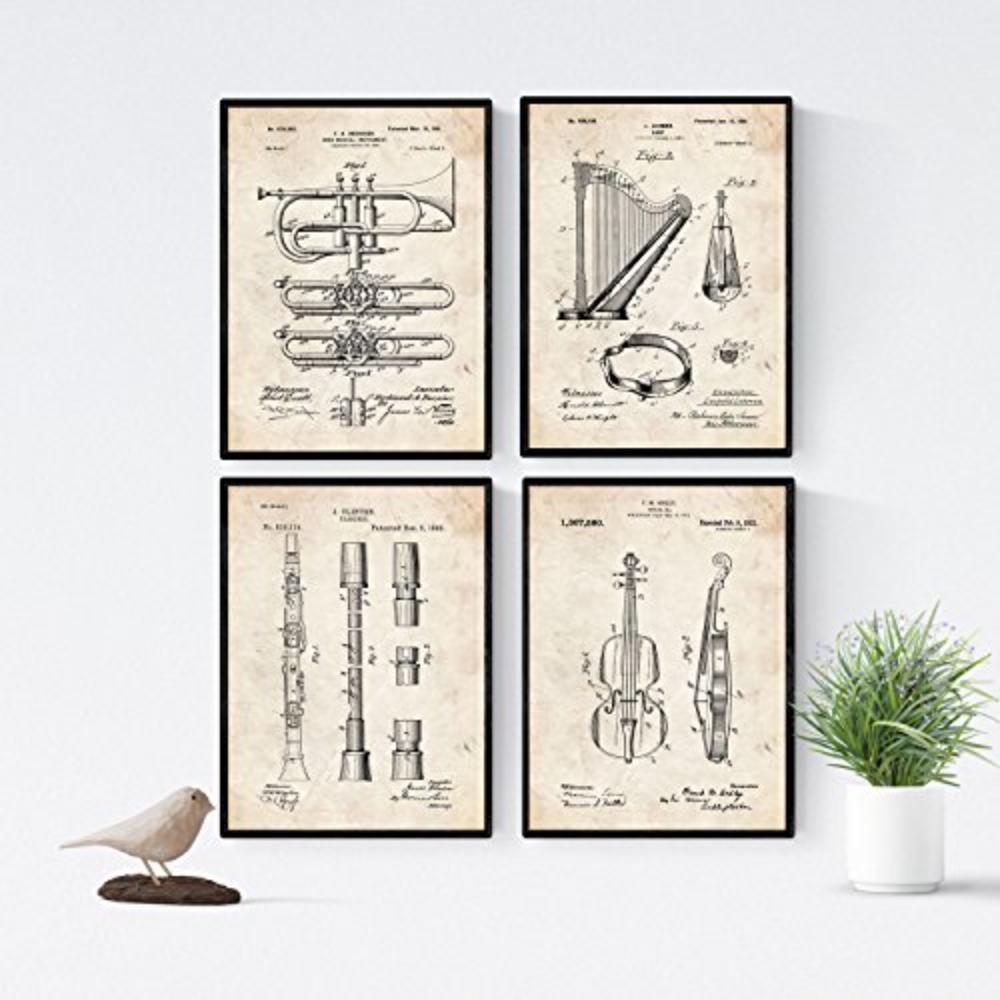 POSTER Set mit 4 Jahrgang Orchester Instrumenten Patenten A4 Schwarzer Rahmen - Schwarz, Papier (29.7/3cm) - Nacnic