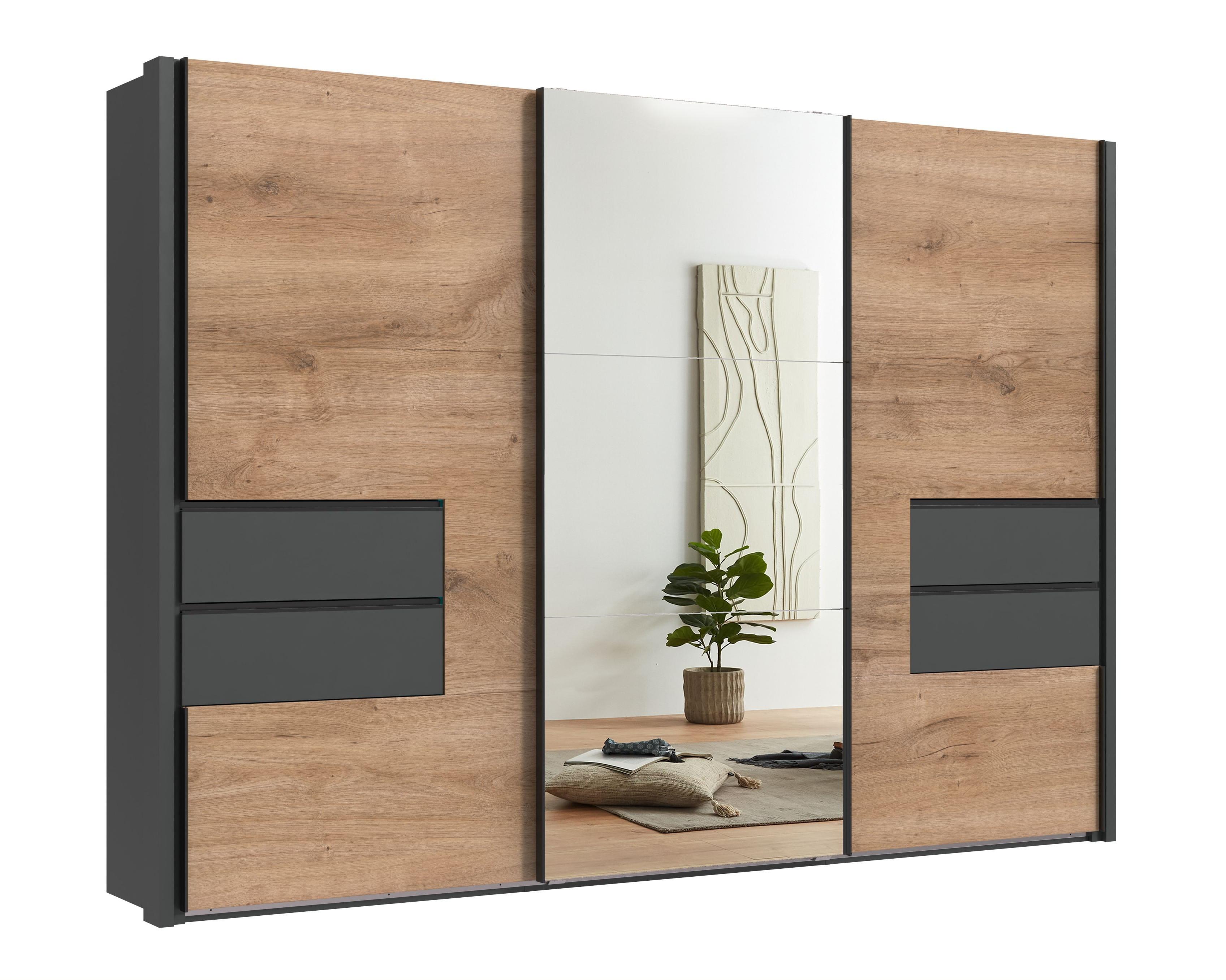 SCHWEBETÜRENSCHRANK 3-türig B312/H216/T65 cm, Korpus& Passepartout&Schubladen Grafit, Türen Eiche Dekor/Spiegel, Kleiderschrank inkl.Vollausst./ 22064 - Eichefarben/Bordeaux, Holzwerkstoff/Metall (312/216/65cm) - luma-home