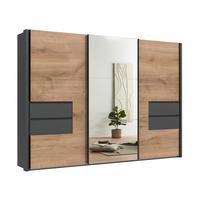SCHWEBETÜRENSCHRANK 3-türig B312/H216/T65 cm, Korpus& Passepartout&Schubladen Grafit, Türen Eiche Dekor/Spiegel, Kleiderschrank inkl.Vollausst./ 22064 - Eichefarben/Bordeaux, Holzwerkstoff/Metall (312/216/65cm) - luma-home