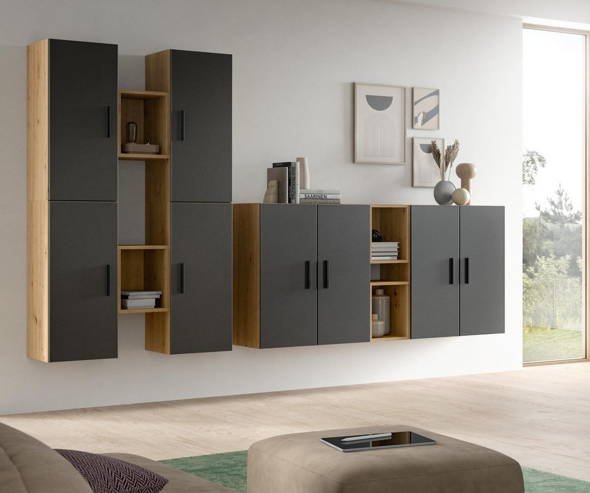 WOHNWAND grau, Eiche Artisan 259 x 184 cm, Wohnkombination hängend / stehend - Schwarz/Eiche Artisan, Holzwerkstoff/Kunststoff (259/151/34cm) - Inn.Furn