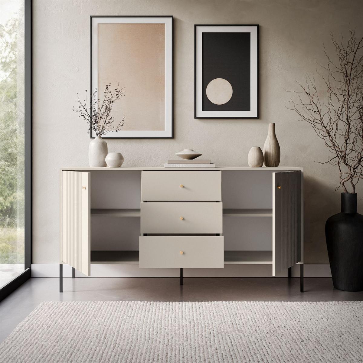 SIDEBOARD 2D3S VIVALDI mit Schubladen und geriffelten Fronten - Kaschmir, Holzwerkstoff (155/79/39cm) - Lookway