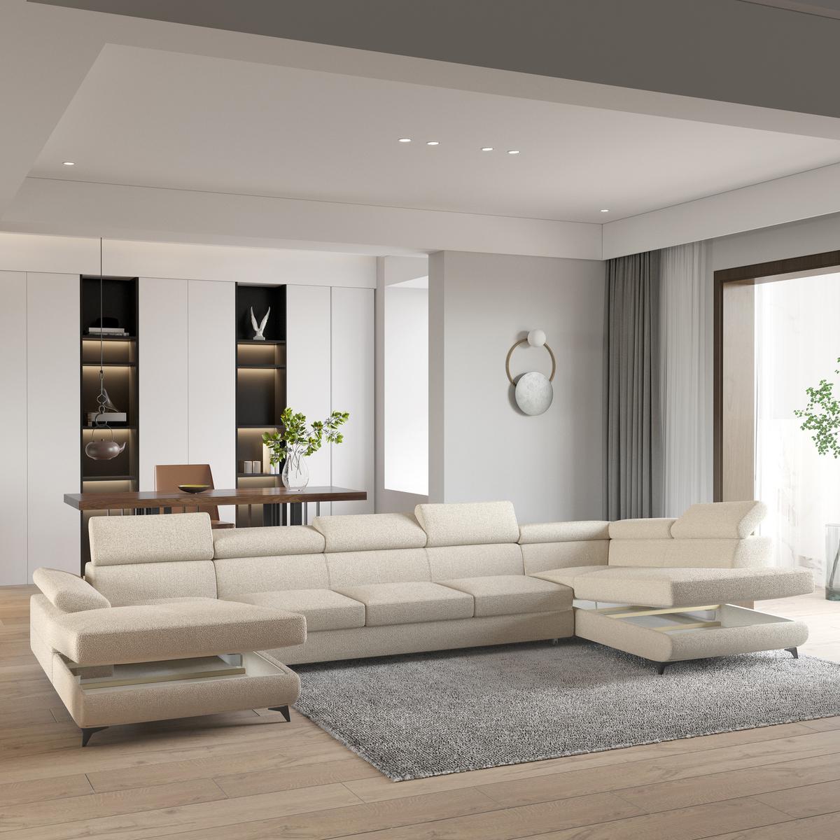 WOHNLANDSCHAFT MONTIVA Creme Boucle-Stoff mit Schlaffunktion - Creme, Holz (410/89/190cm) - MASSENO