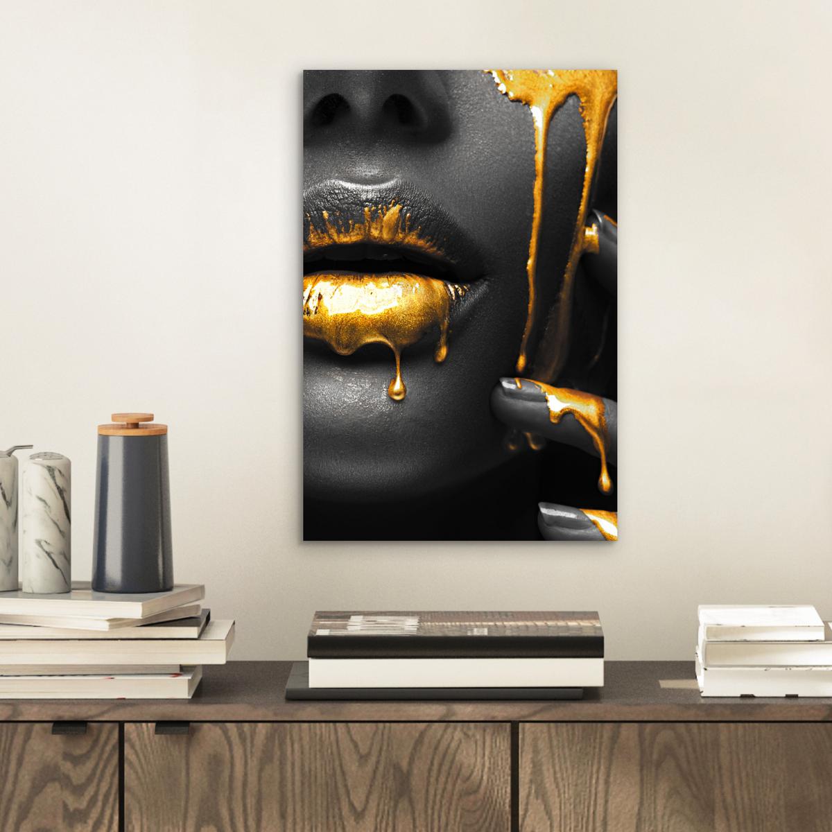 METALLBILD Frau - Schwarz - Gold - Gesicht - Lippen 20x30 cm - Goldfarben, Metall (20/30cm) - MuchoWow