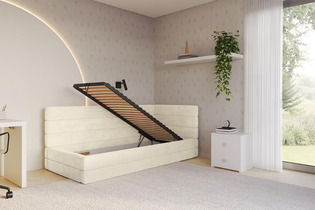 EINZELLBETT Jugendbett mit Bettkasten und Matratze H3/H4, Links - BEMY 90x200 Beige - Beige, Holzwerkstoff/Textil (90/200cm) - ALTDECOR