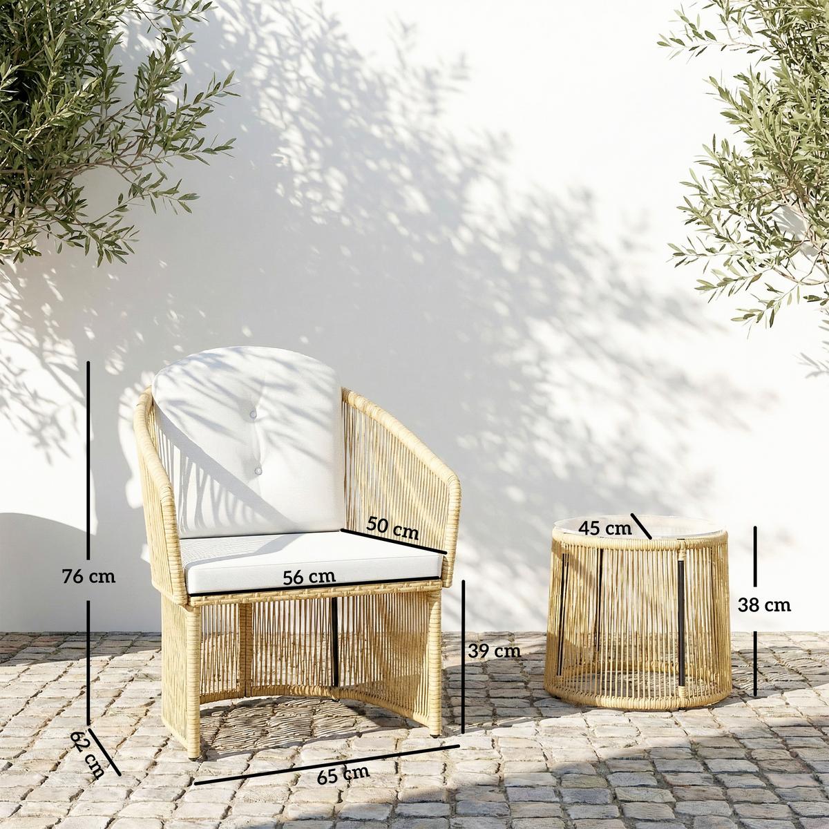 RATTAN-BISTRO-SET PE-Rattan Cremeweiß - Transparent/Creme, Kunststoff/Textil - Outsunny