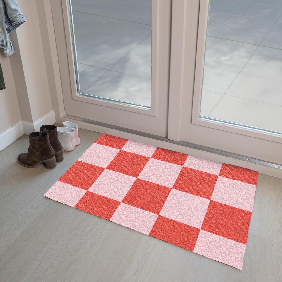 FUSSMATTE Schachbrettmuster - Rot - Rosa - Würfel Türmatte 90x60 cm - Rot, Kunststoff (90/0.4cm) - MuchoWow