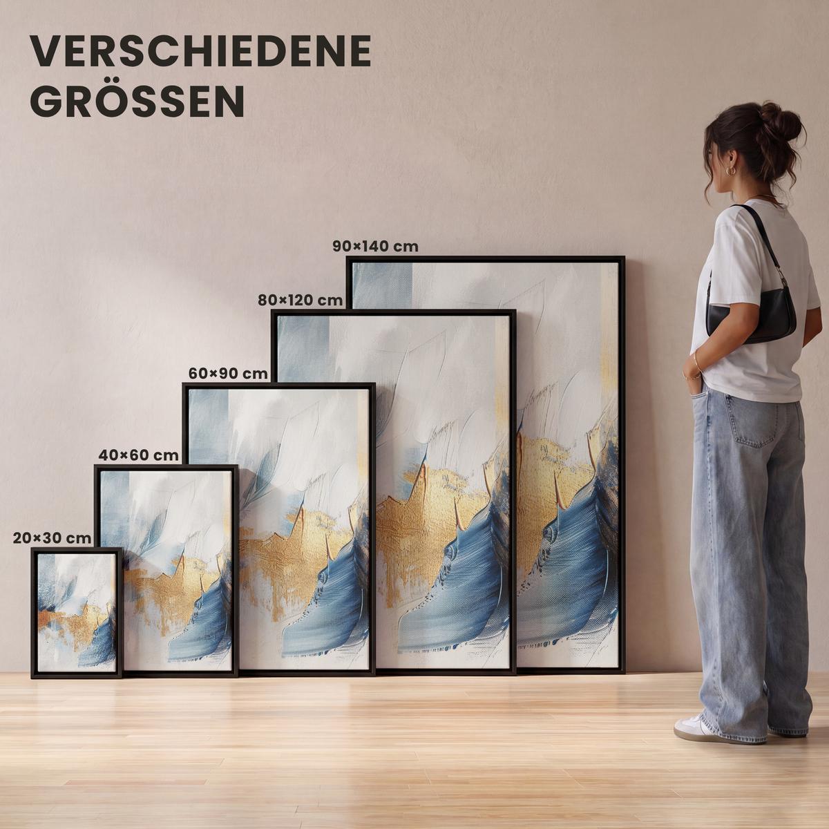 LEINWAND Bilder mit Rahmen - Gold - Blau - Aquarell - Kunst - Modern - 40x60 - Hellblau, Textil (40/60cm) - MuchoWow