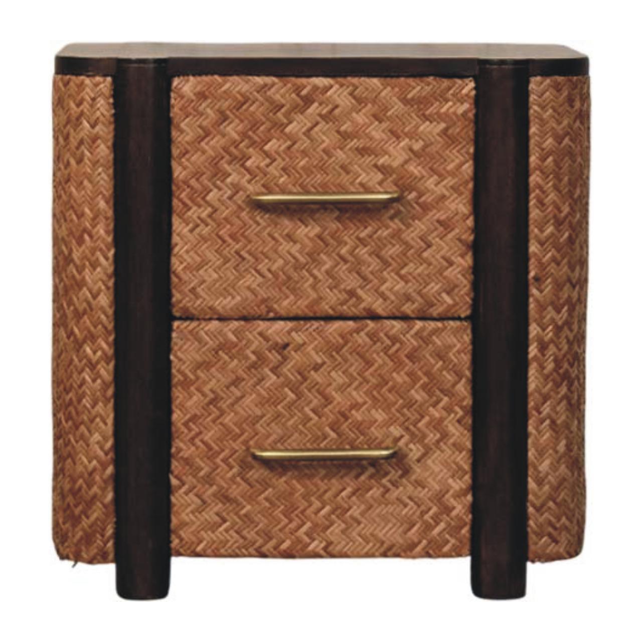 NACHTKASTEN Havana Geflechtfront, 2 Schubladen, Braun - Hellbraun/Messingfarben, Holz/Metall (50/50/38cm) - Artisan Furniture