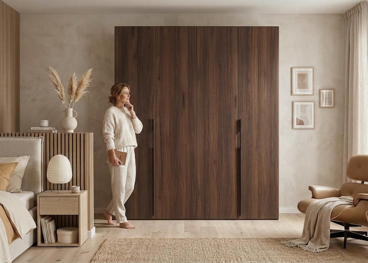 FALTTÜRENSCHRANK Omodeo 200 cm breit in Warmia-Nussbaum – mit WingLine-Falttüren - Walnussfarben, Holzwerkstoff (200/240/58cm) - AX Living