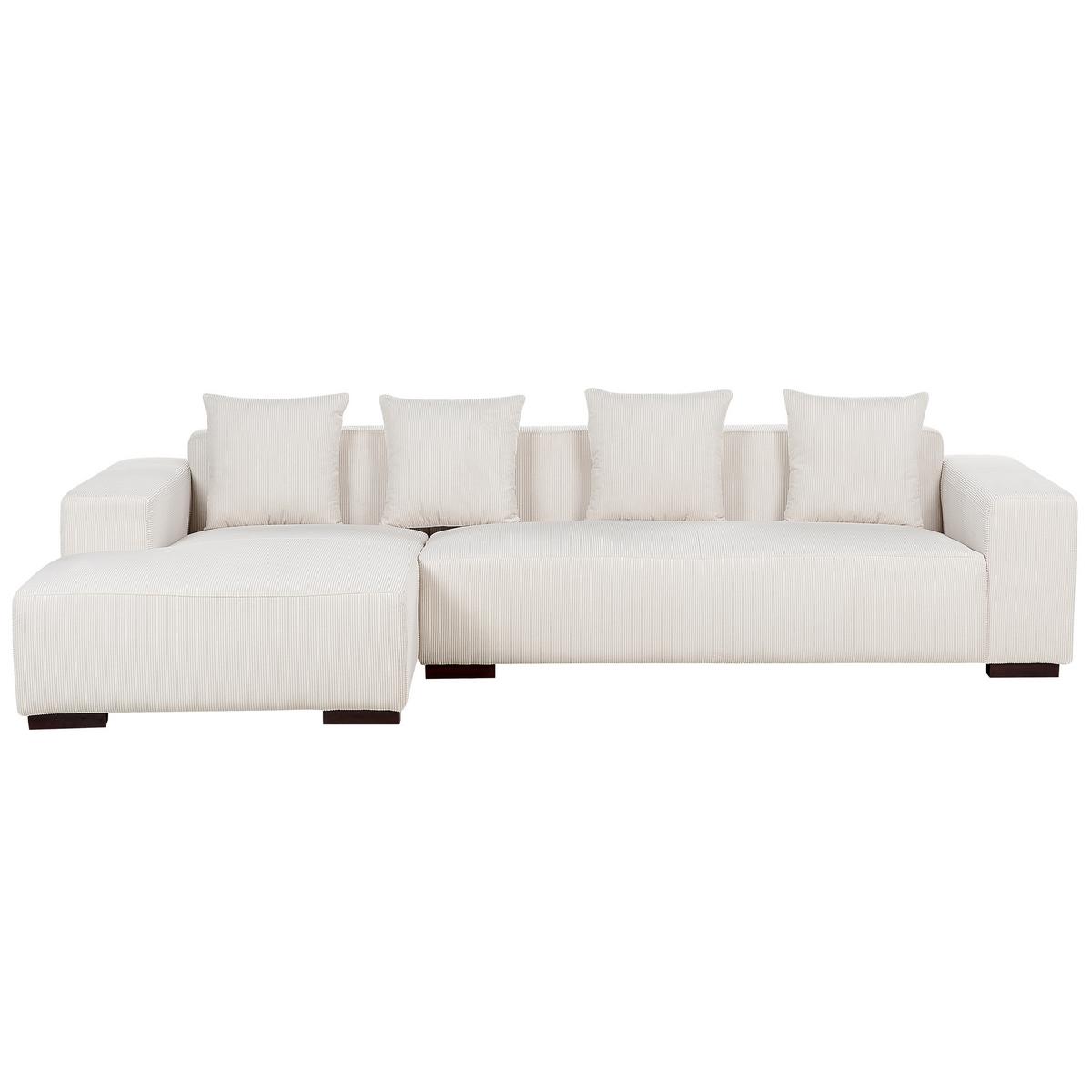 ECKSOFA 4-Sitzer Cord Cremeweiß mit Ottomane rechtsseitig Lungo - Creme/Weiß, Textil (285/160cm) - Beliani