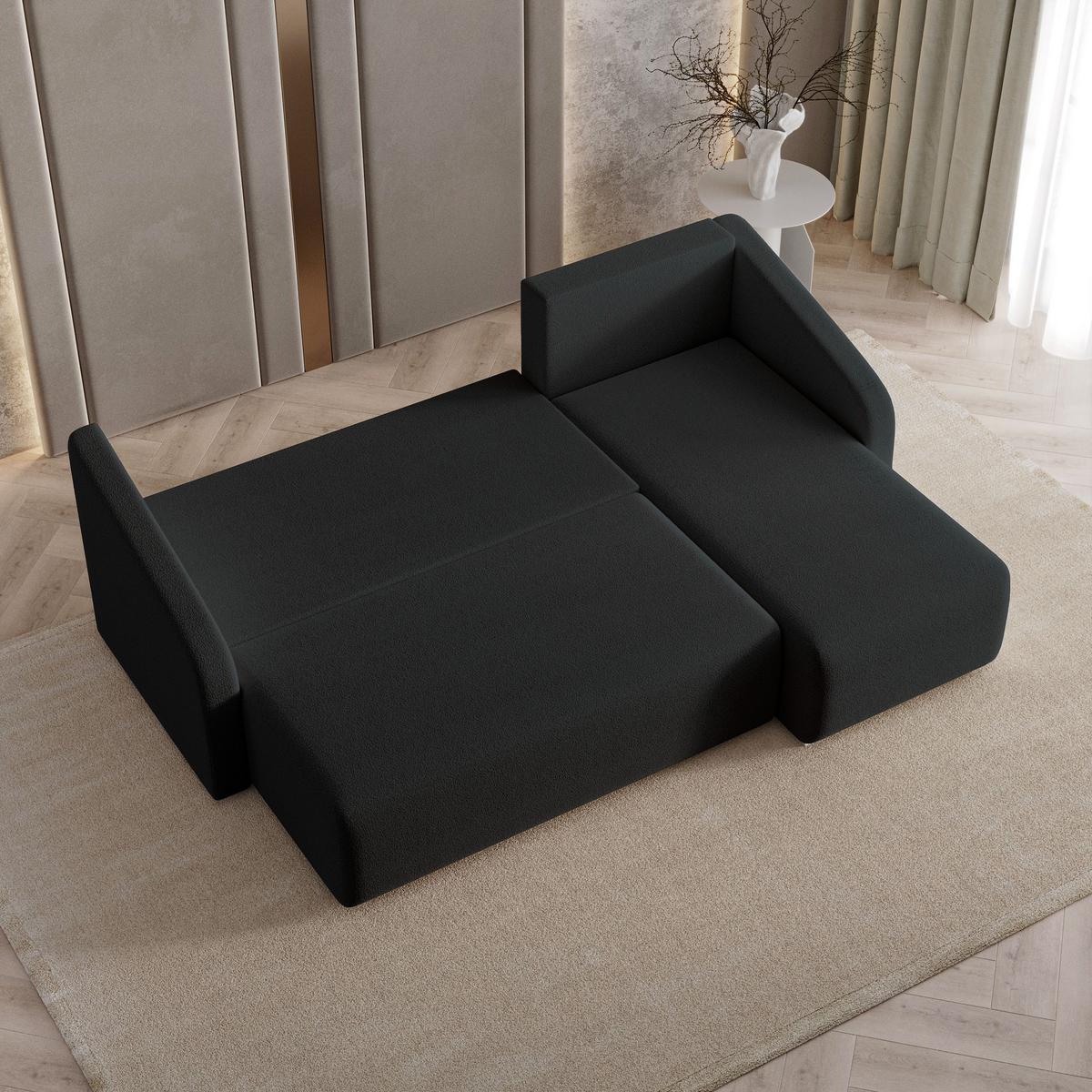ECKSOFA MARELLO Schwarz Boucle-Stoff mit Schlaffunktion - Schwarz, Holz (220/143cm) - MASSENO