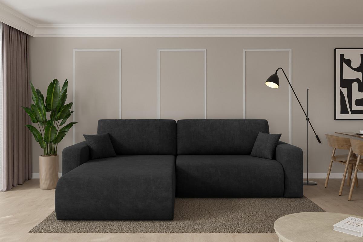 ECKSOFA mit Schlaffunktion Ottomane Links BERY-L 276x193x88 Schwarz Velours - Schwarz, Holzwerkstoff/Kunststoff (276/193cm) - ALTDECOR