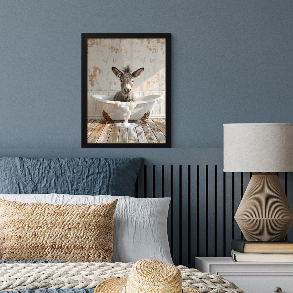 POSTER MIT RAHMEN Esel - Tiere - Badewanne - Schaumstoff Bilderrahmen 30x40 cm - Weiß, Papier (30/40cm) - MuchoWow