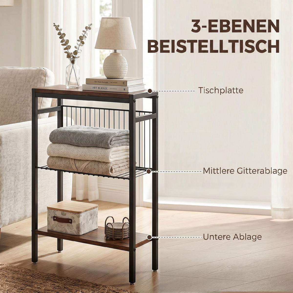 BEISTELLTISCH Spanplatte Metall Rustikales-Braun - Schwarz/Braun, Holzwerkstoff/Kunststoff (43/18/62.5cm) - HOMCOM