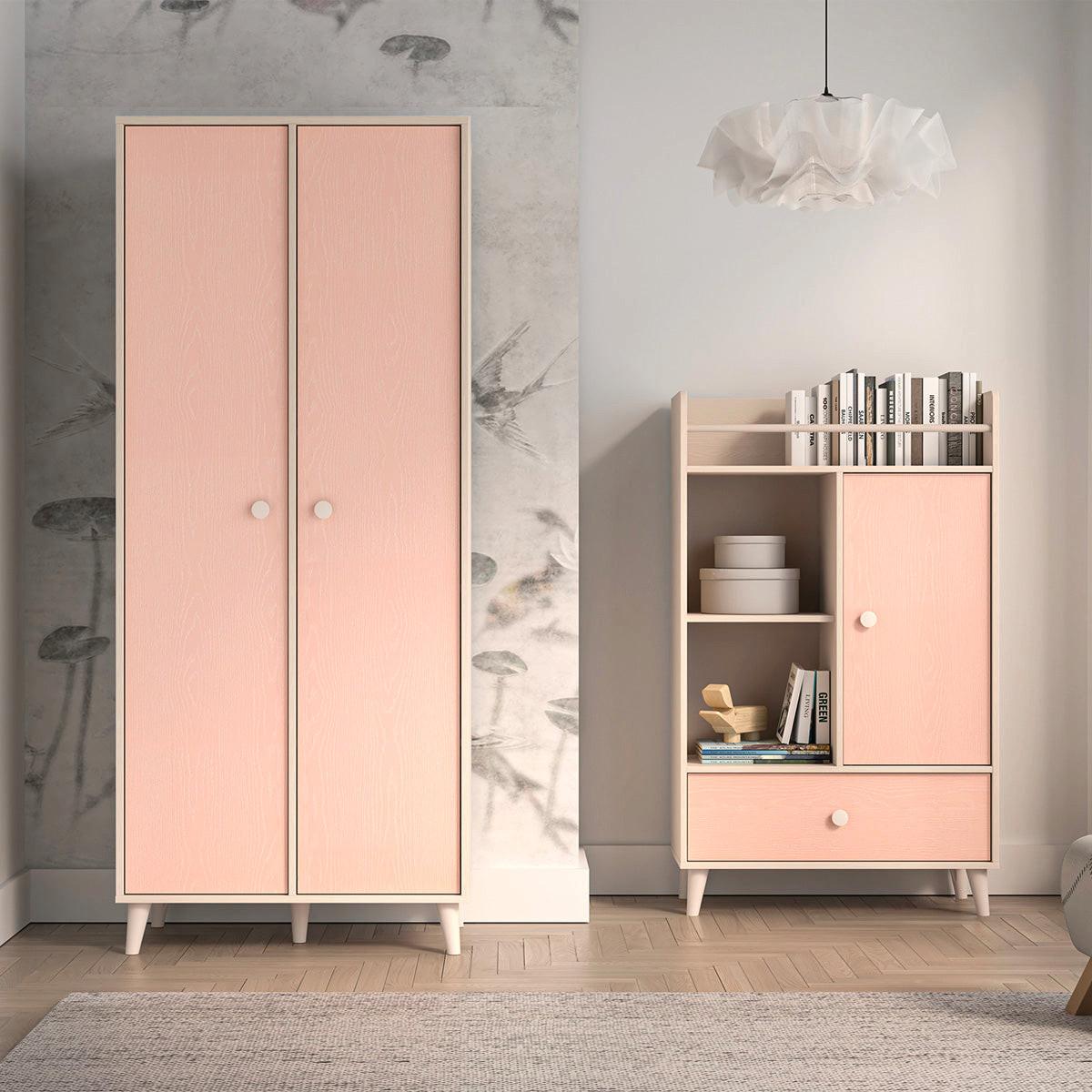 BABYKLEIDERSCHRANK 2 Türen Alycia Beige - Korallenrosa - Holzeffekt - Beige, Holz (80/190/51cm) - Petits-meubles