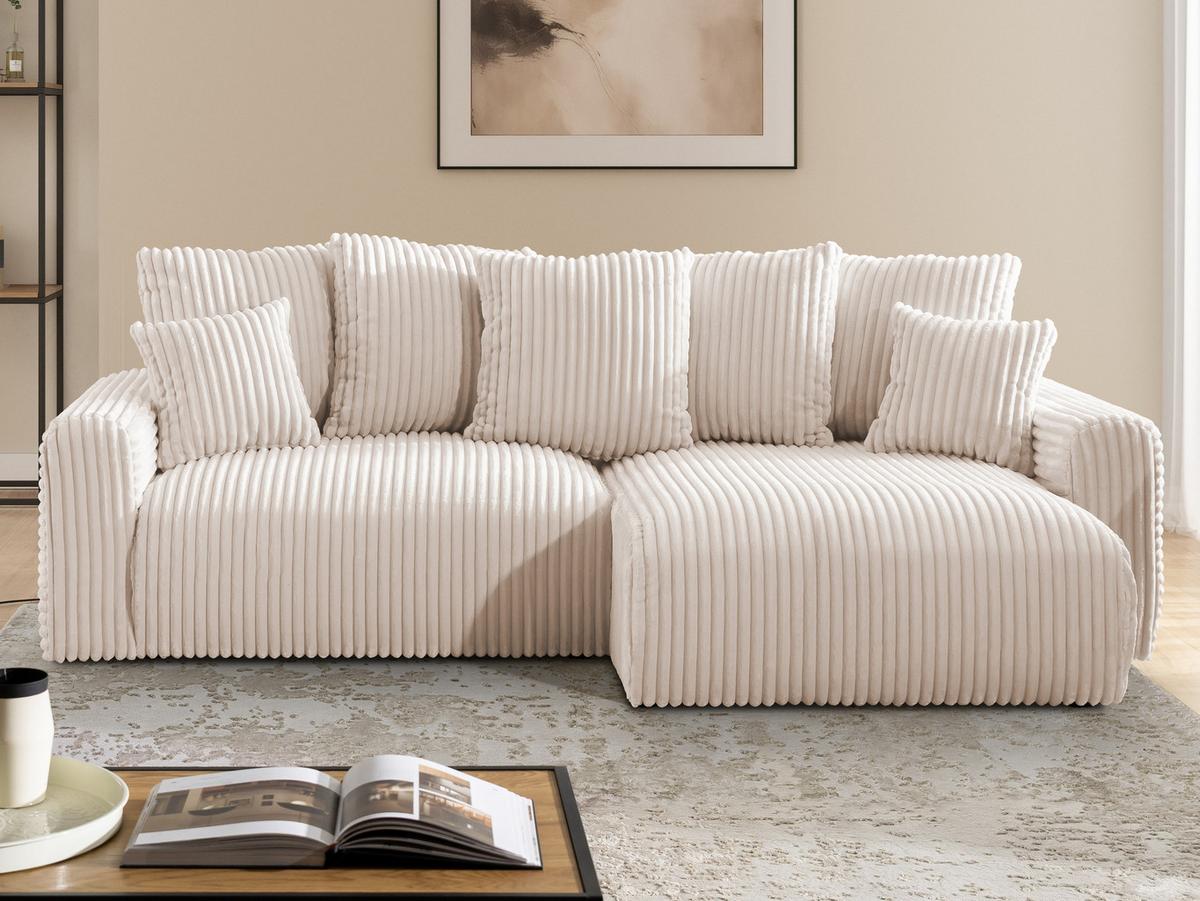 ECKSOFA Calma mit Schlaffunktion und Bettkasten im Bumpy-Design aus weichem Beige Plüschcord - Ottomane rechts - Beige/Schwarz, Holz/Kunststoff (140/239cm) - S-Style