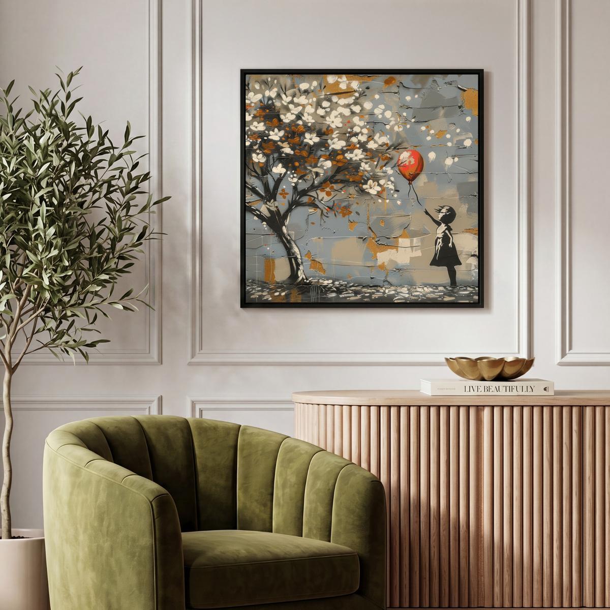 LEINWAND Bilder mit Rahmen - Baum - Graffiti - Banksy-Stil - Ballon-Mädchen - 50x50 - Blaugrau, Textil (50/50cm) - MuchoWow
