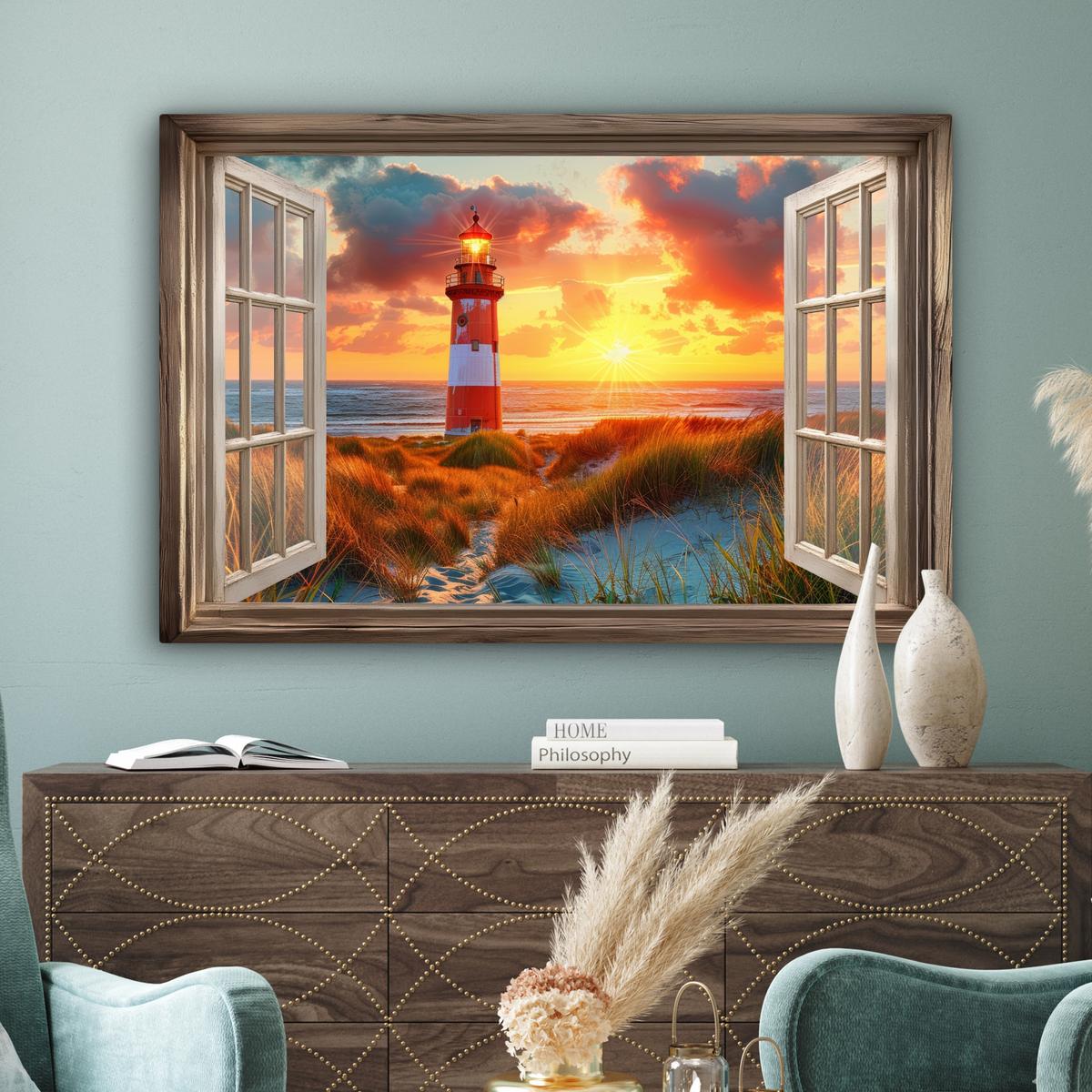 LEINWANDBILD Aussicht - Fenster - Leuchtturm - Sonnenuntergang - Strand Wohnzimmer Groß 120x80 cm - Dunkelorange, Textil (120/80cm) - MuchoWow