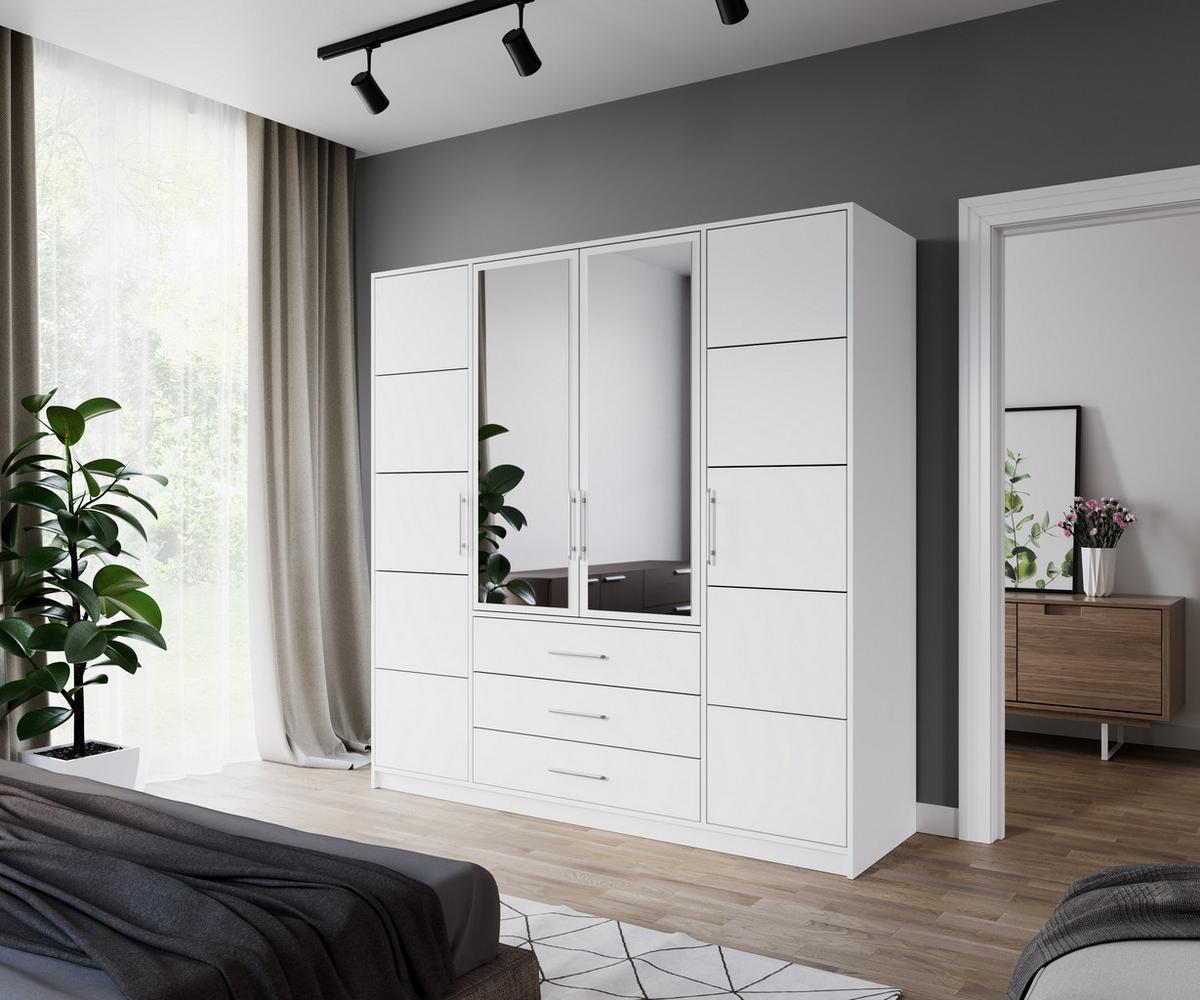 DREHTÜRENSCHRANK ELISE 196/200/57,5 cm 4-türig mit Spiegel Weiß - Weiß, Holzwerkstoff (196/200/57.5cm) - MASSENO