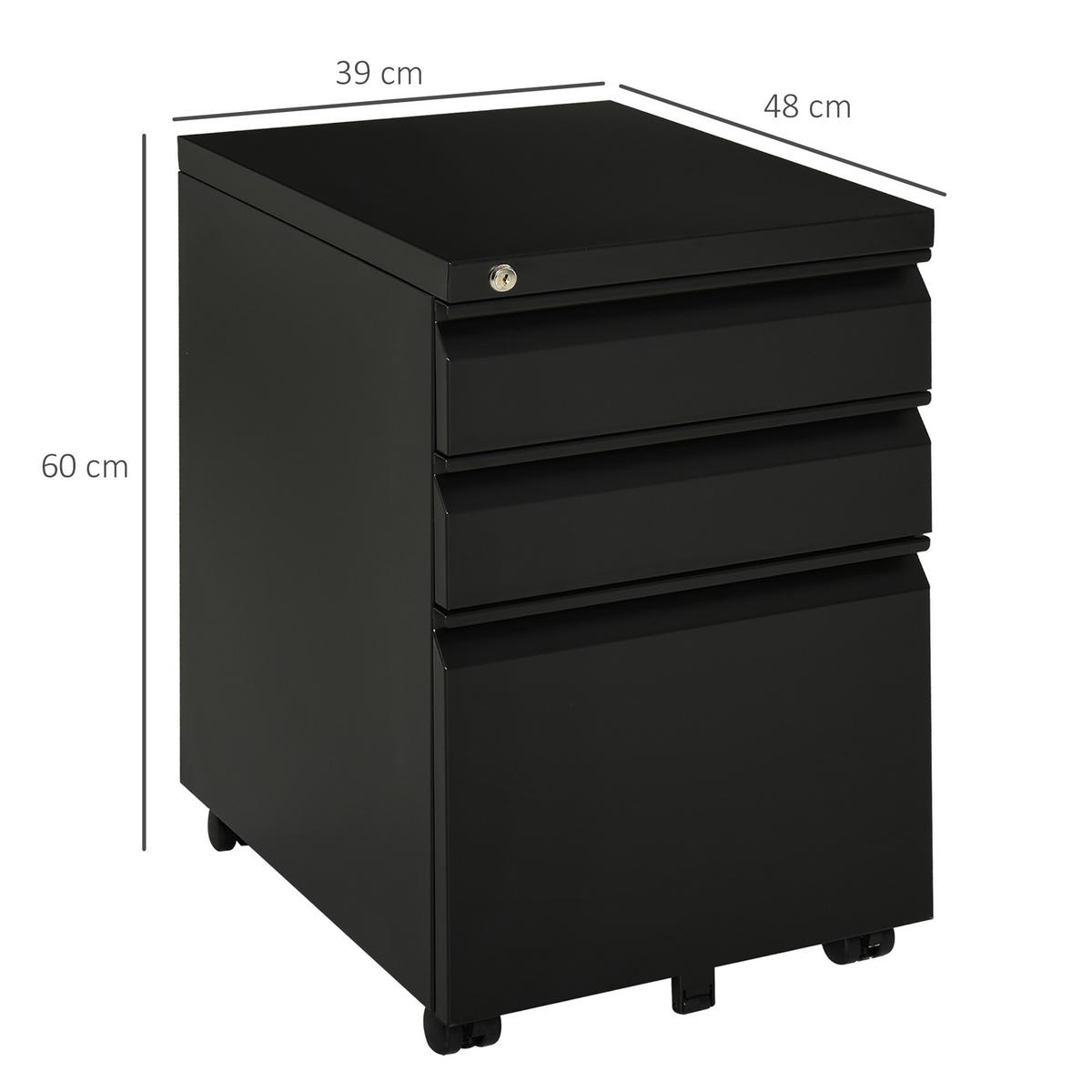 ROLLCONTAINER Aktenschrank Büroschrank mit 3 Schubladen Räder Stahl Schwarz - Schwarz, Metall (48/60/39cm) - Vinsetto