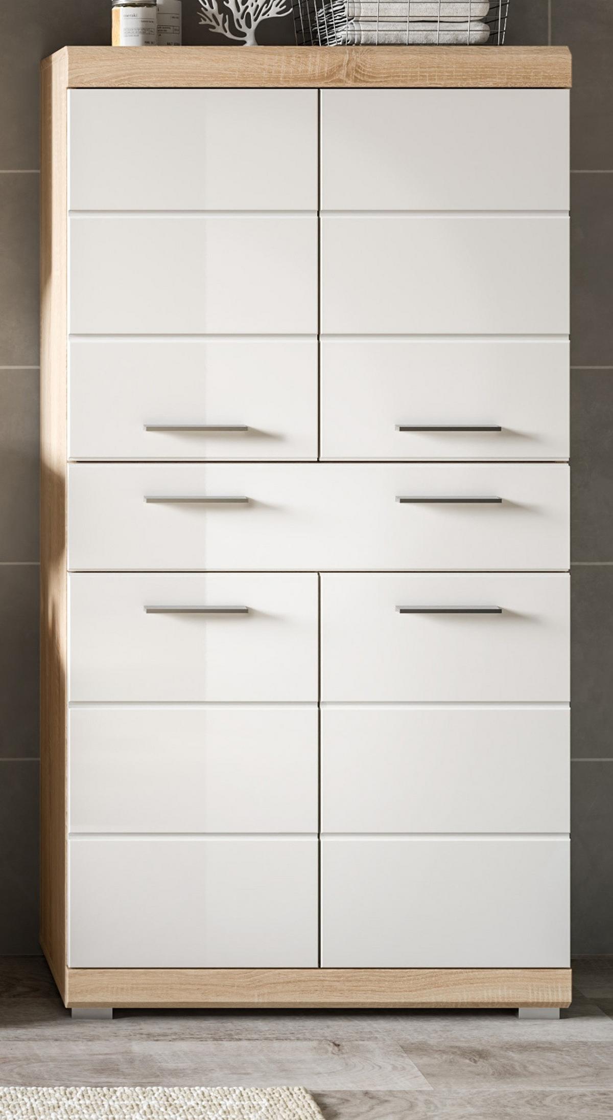 MIDISCHRANK weiß Hochglanz, Eiche 74 x 141 cm, Badschrank 4-türig mit Vollauszug - Weiß Hochglanz/Eichefarben, Holzwerkstoff/Kunststoff (74/141/31cm) - Inn.Furn