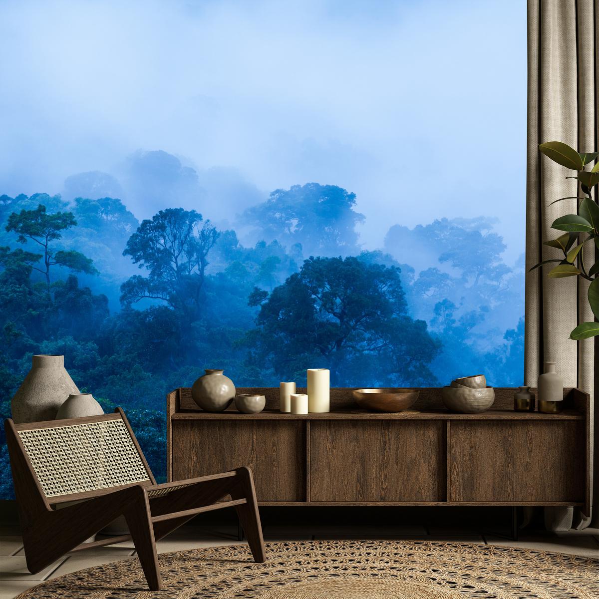 FOTOTAPETE für Wohnzimmer Tropischer Laubwald Nebel Dschungel 200x140 - Schwarz, Papier (200/140cm) - Muralo