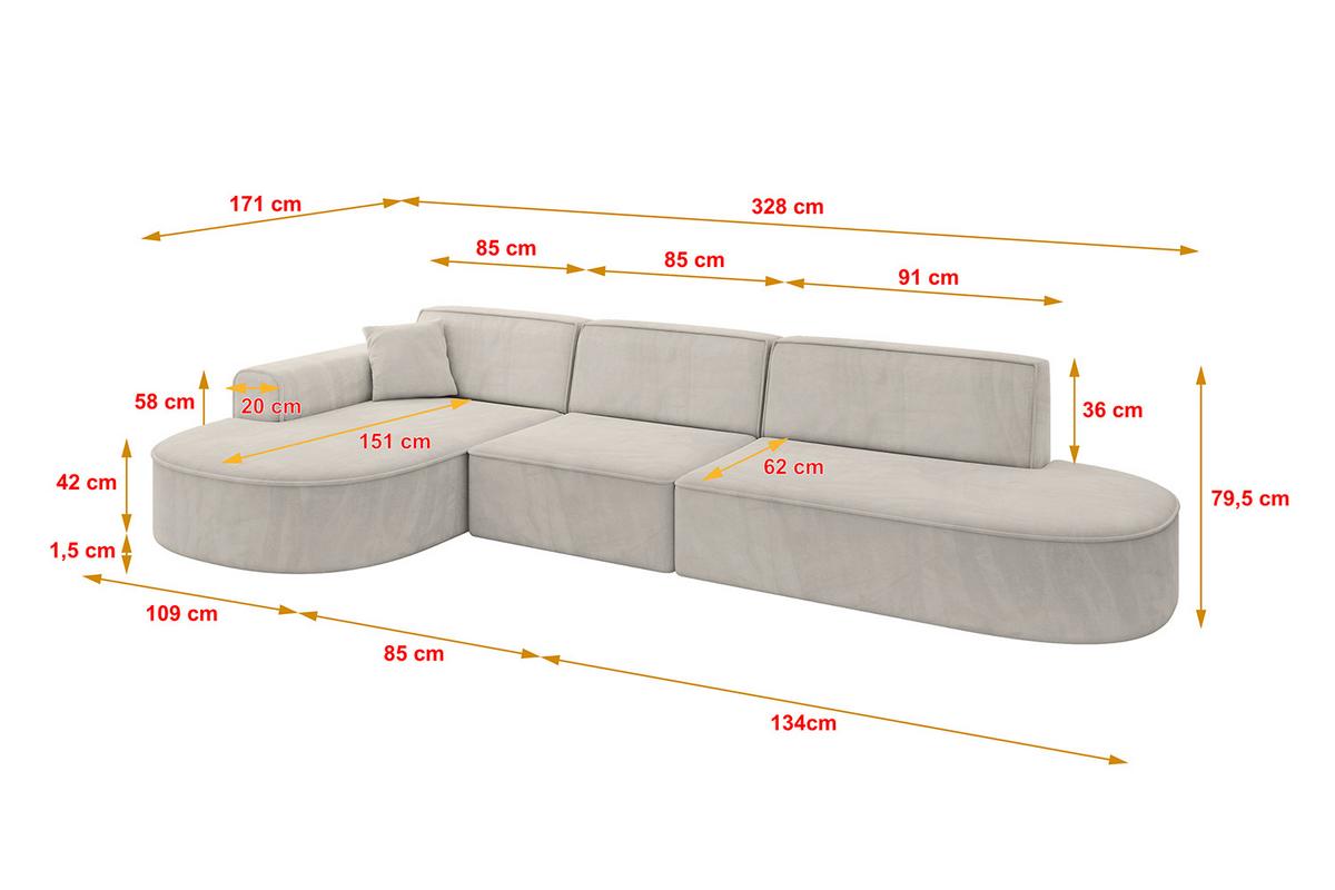 ECKSOFA Ottomane Links MARI-L2 - 328x171x79 cm Hellbraun Velours - Hellbraun/Schwarz, Holzwerkstoff/Kunststoff (328/171cm) - ALTDECOR