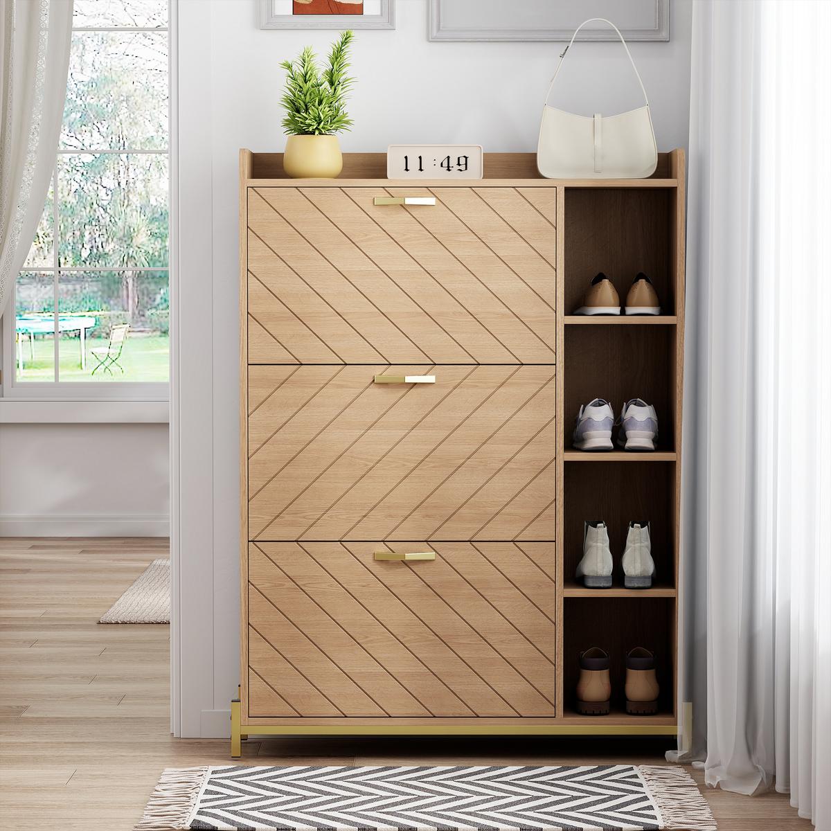SCHUHSCHRANK eichen-optik mit 3 klappfächern & seitenregal - Naturfarben, Holzwerkstoff (90/119/24cm) - Urban Meuble