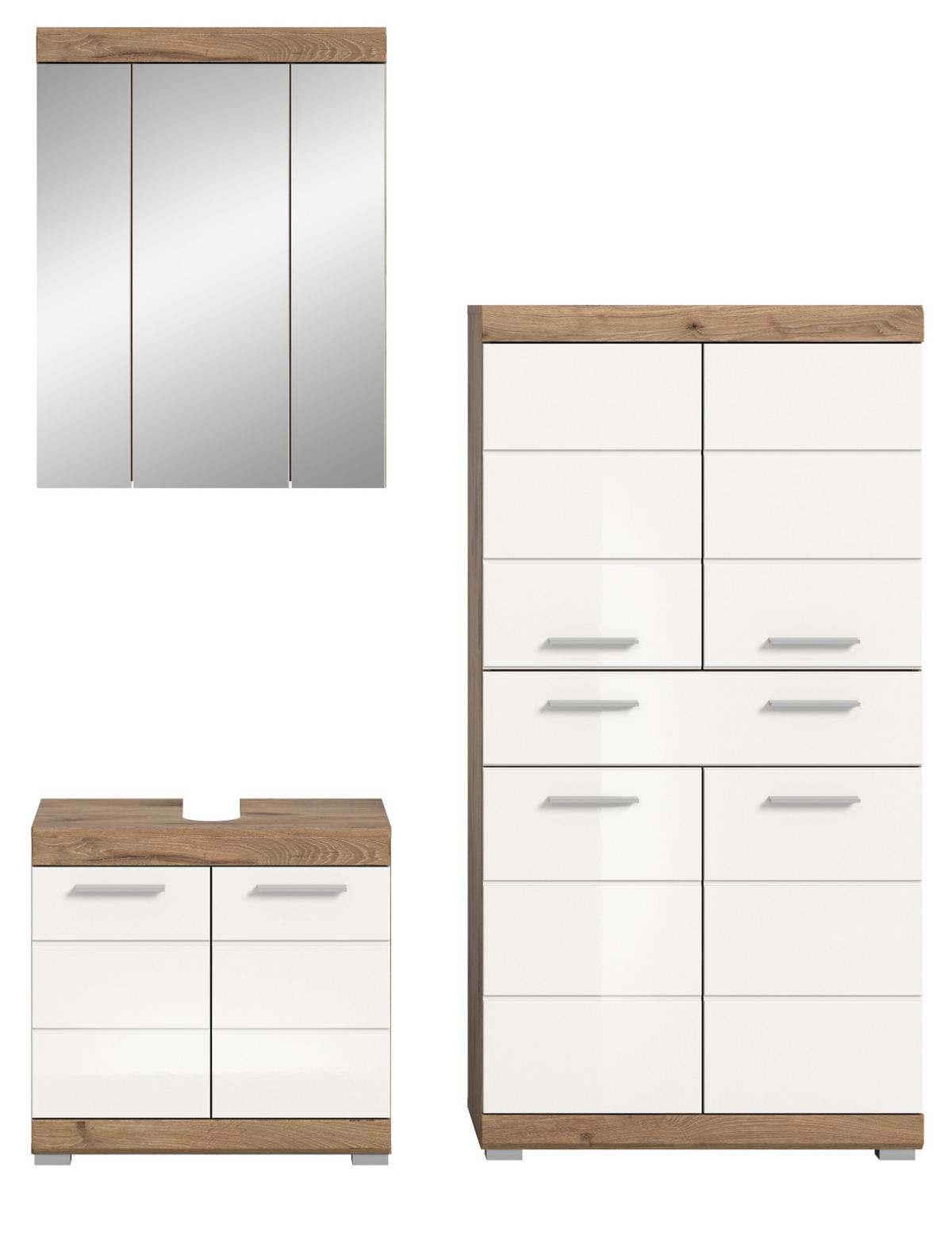 BADMÖBEL-SET weiß Hochglanz, Eiche 3-teilig 149 cm mit viel Stauraum - Weiß Hochglanz/Eichefarben, Glas/Holzwerkstoff (149/191/34cm) - Inn.Furn