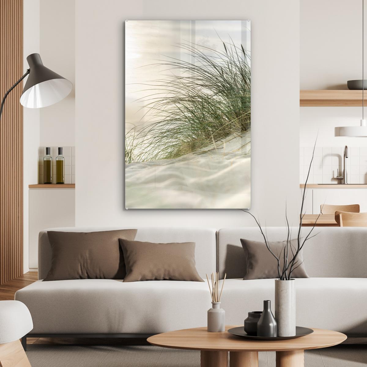 ACRYLGLASBILD Dünen mit Strandhafer in der Sonne des Nationalparks Schleswig-Holsteinisches Wattenmeer 80x120 cm - Creme, Glas (80/120cm) - MuchoWow