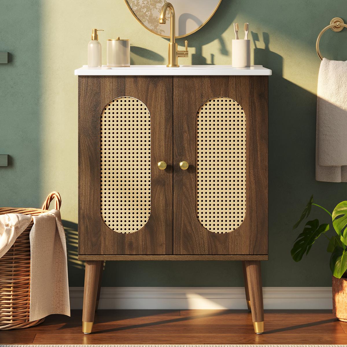 WASCHTISCHUNTERSCHRANK Walnuss mit Rattan-Türen & Keramikbecken - Walnussfarben, Holzwerkstoff (61/89/47cm) - Urban Meuble