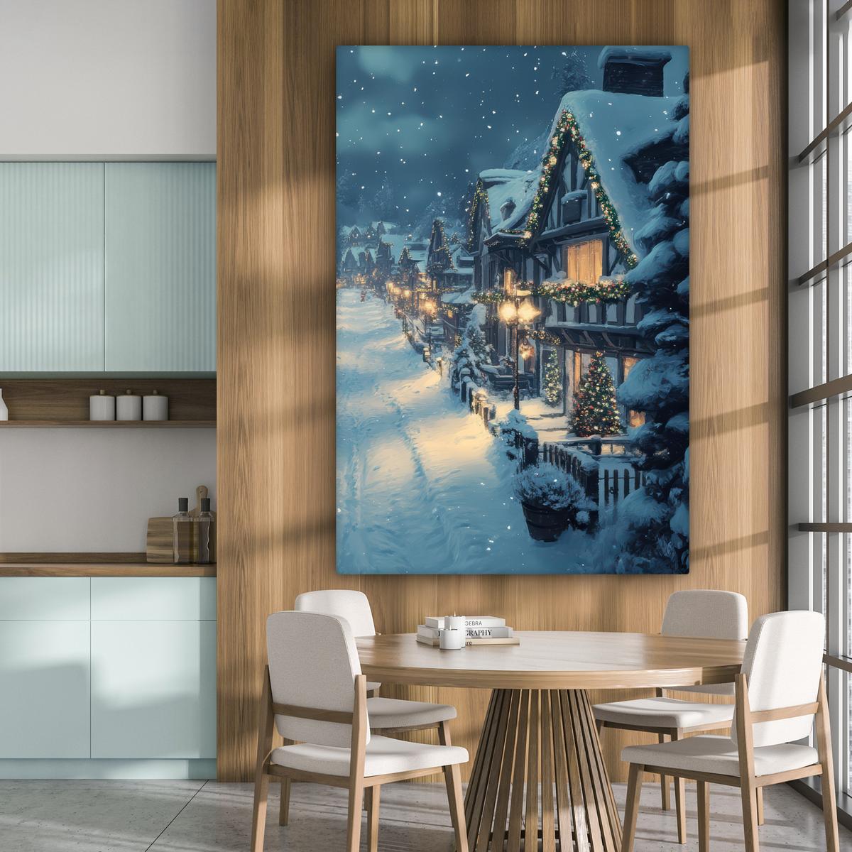 LEINWANDBILD Weihnachtsdorf - Weihnachten - Schnee - Winter Deko Groß 90x140 cm - Dunkelblau, Textil (90/140cm) - MuchoWow
