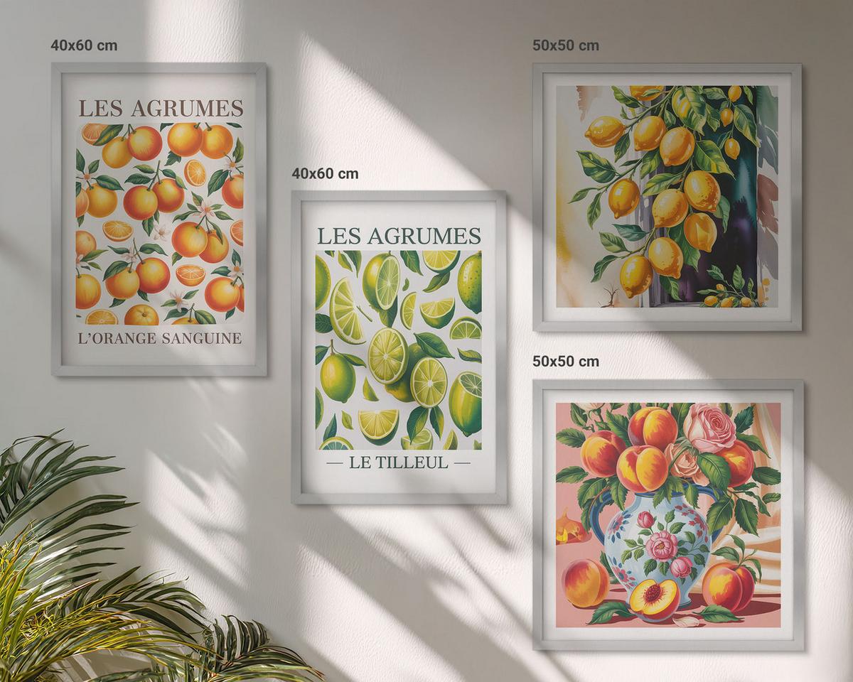 BILDER SET 4er Set - 50x50 cm & 40x60 cm Silberner Rahmen - Frische, farbenfrohe Zitrusfrüchte - Silberfarben, Kunststoff (50/50cm) - TULUP