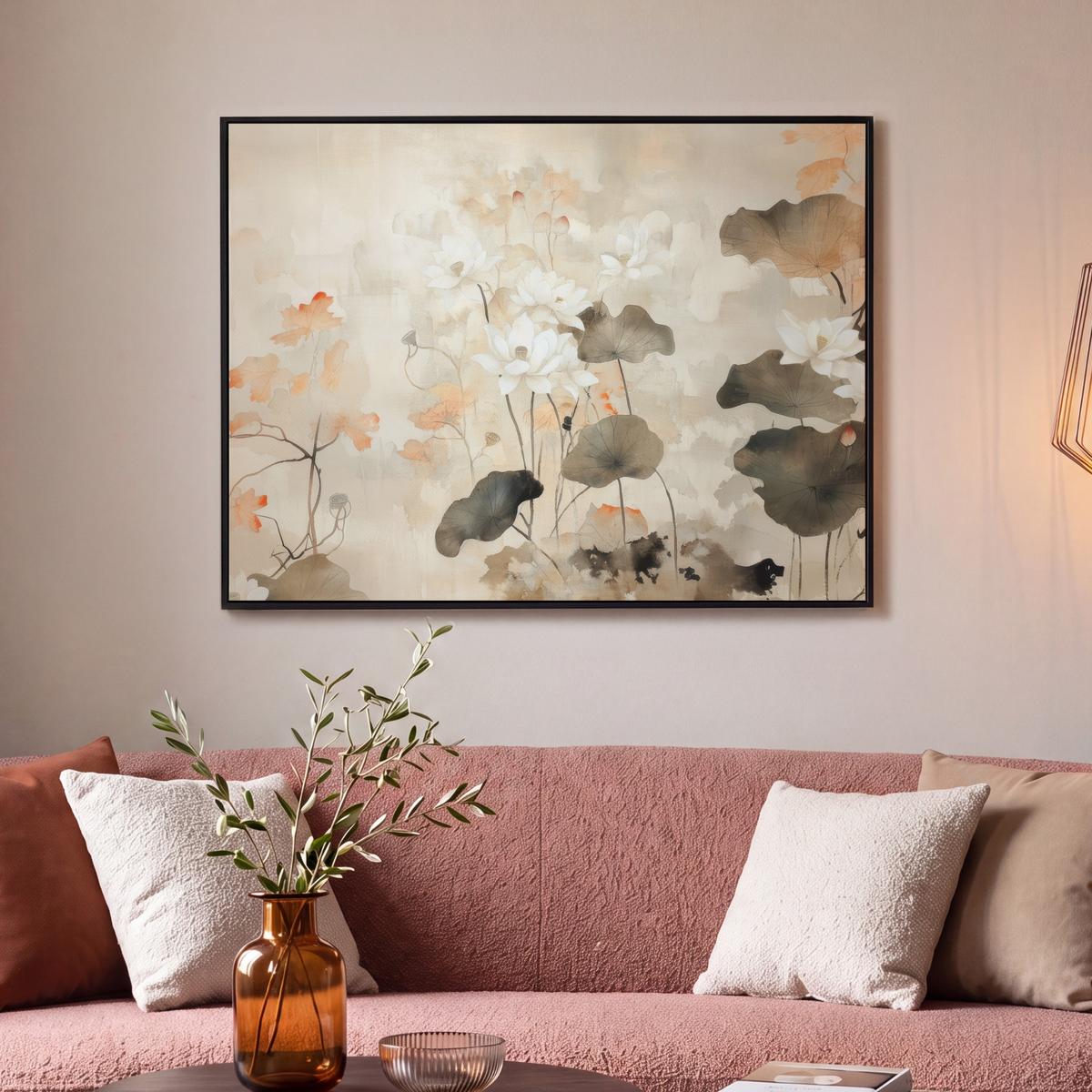 LEINWAND Bilder mit Rahmen - Blumen - Japandi - Wabi sabi - 100x70 - Sandfarben, Textil (100/70cm) - MuchoWow