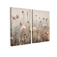 LEINWANDBILD 2er Set Blumen - Beige - Modern - Rosa 120x90 cm - Ecru, Textil (120/90cm) - MuchoWow