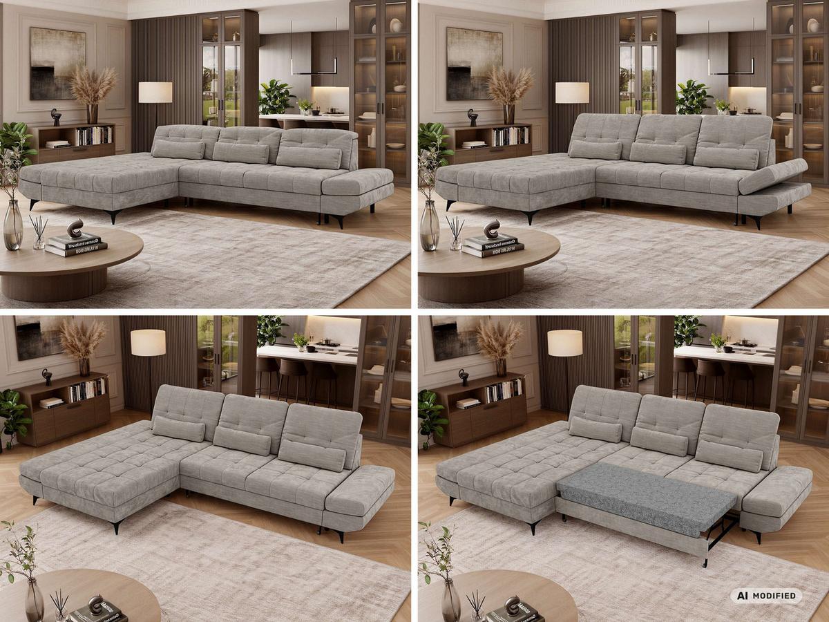 ECKSOFA ALVENO L - Hellgrau Schenille glatt - Links Seite - Hellgrau/Schwarz, Textil/Metall (218/344cm) - MKS