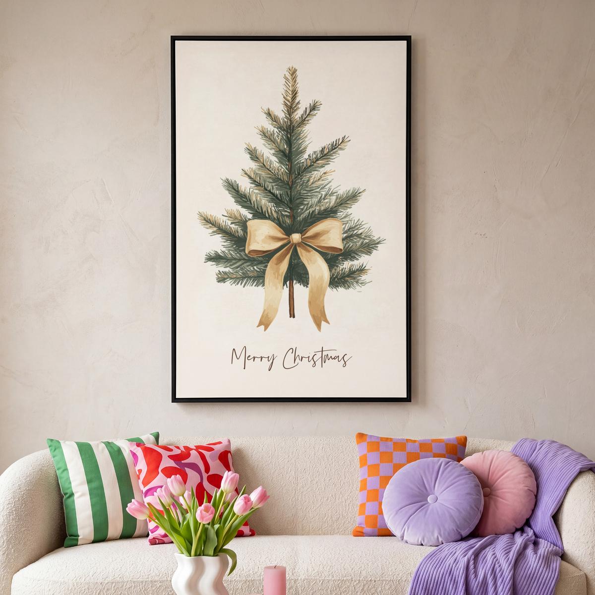 LEINWAND Bilder mit Rahmen - Weihnachtsbaum - Weihnachten - Frohe Weihnachten - Beige - 100x150 - Sandfarben, Textil (100/150cm) - MuchoWow