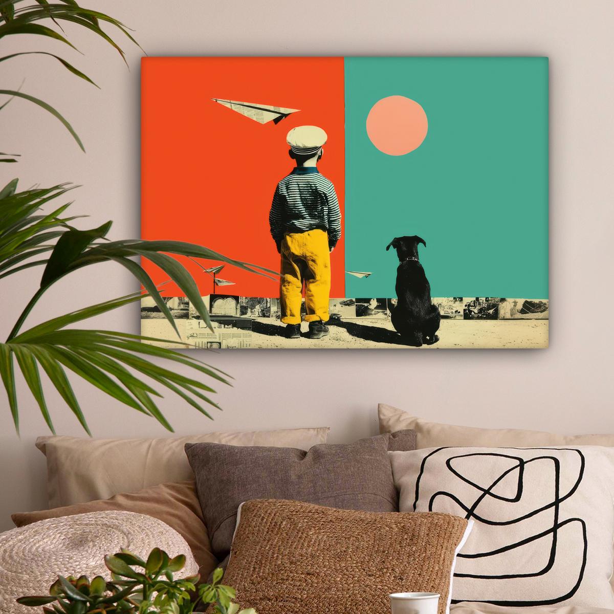 LEINWANDBILD Retro - Junge - Hund - Rot - Grün Wandbilder 80x60 cm - Orange, Textil (80/60cm) - MuchoWow