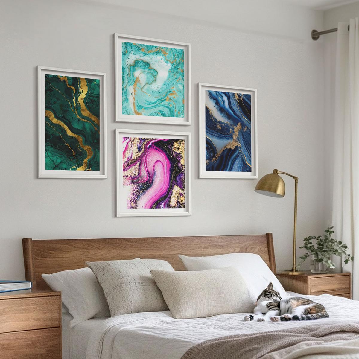 BILDER SET 4er Set - 50x50 cm & 40x60 cm Weißer Rahmen - Abstrakte Muster in Rosa, Grün und Blau - Weiß, Kunststoff (50/50cm) - TULUP