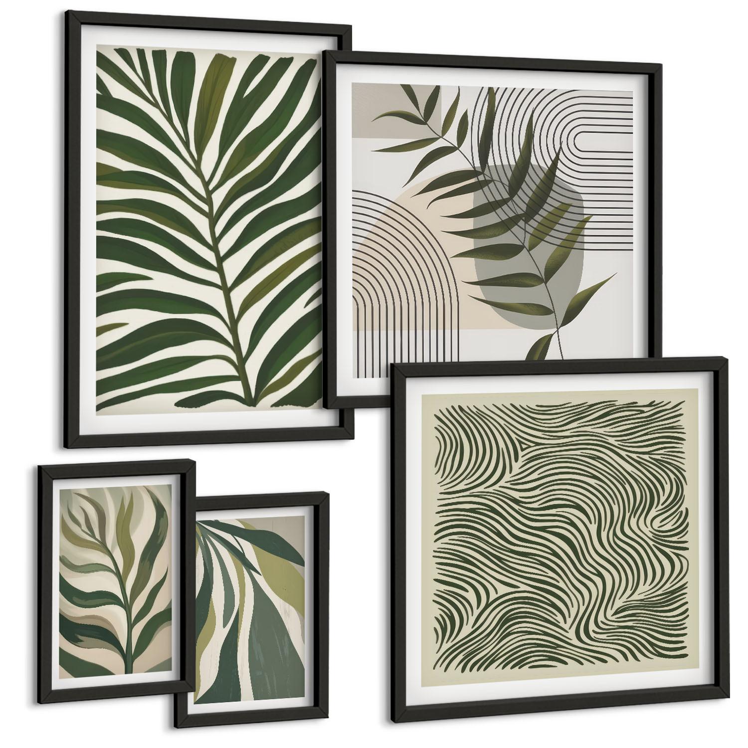 BILDER SET 5er Set - 50x50 cm & 20x30 cm & 40x60 cm Schwarzer Rahmen - Blätter, Wellen – Pastellillustrationen - Schwarz, Kunststoff (40/60cm) - TULUP