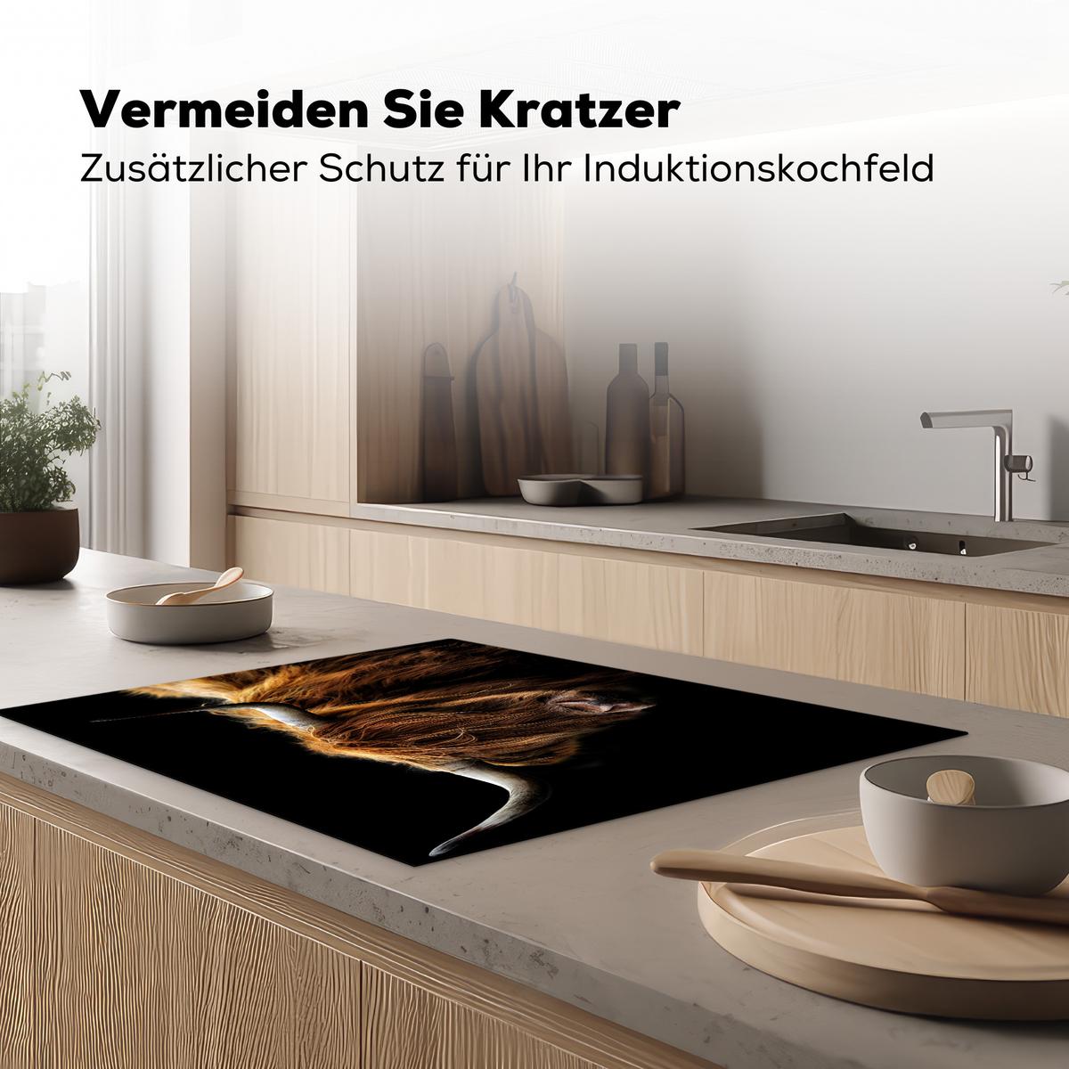 HERDABDECKPLATTE Schottischer Highlander - Hörner - Schwarz - Tiere - Natur - Wild - Kuh Induktionsmatte 77x59 cm - Cognac, Kunststoff (77/59/0.2cm) - MuchoWow
