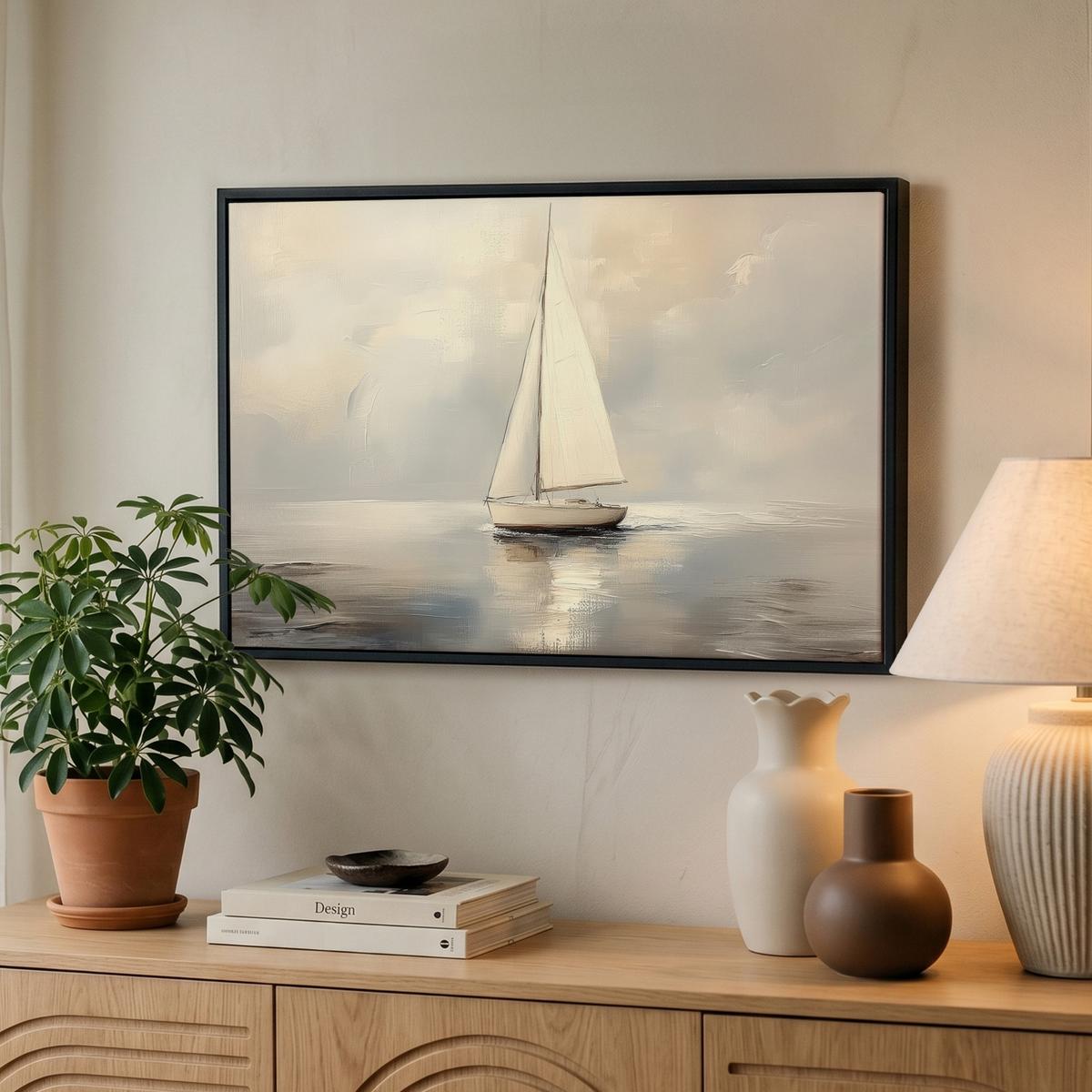 LEINWAND Bilder mit Rahmen - Segelschiff - Meer - Bewölkt - 60x40 - Creme, Textil (60/40cm) - MuchoWow