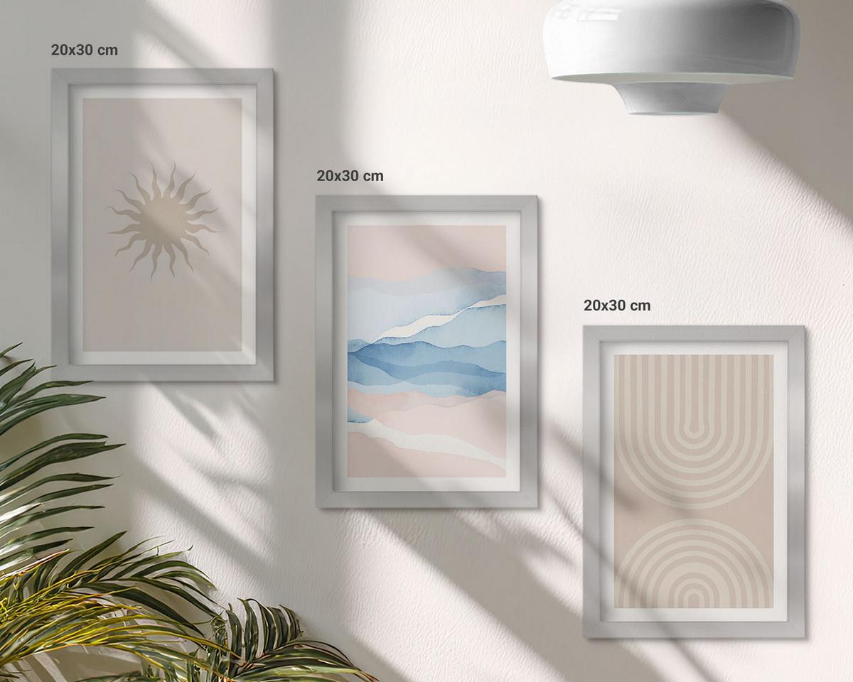 BILDER SET 3er Set - 20x30 cm Silberner Rahmen - Sonnenwellen abstrakte Linien Pastell - Silberfarben, Kunststoff (20/30cm) - TULUP