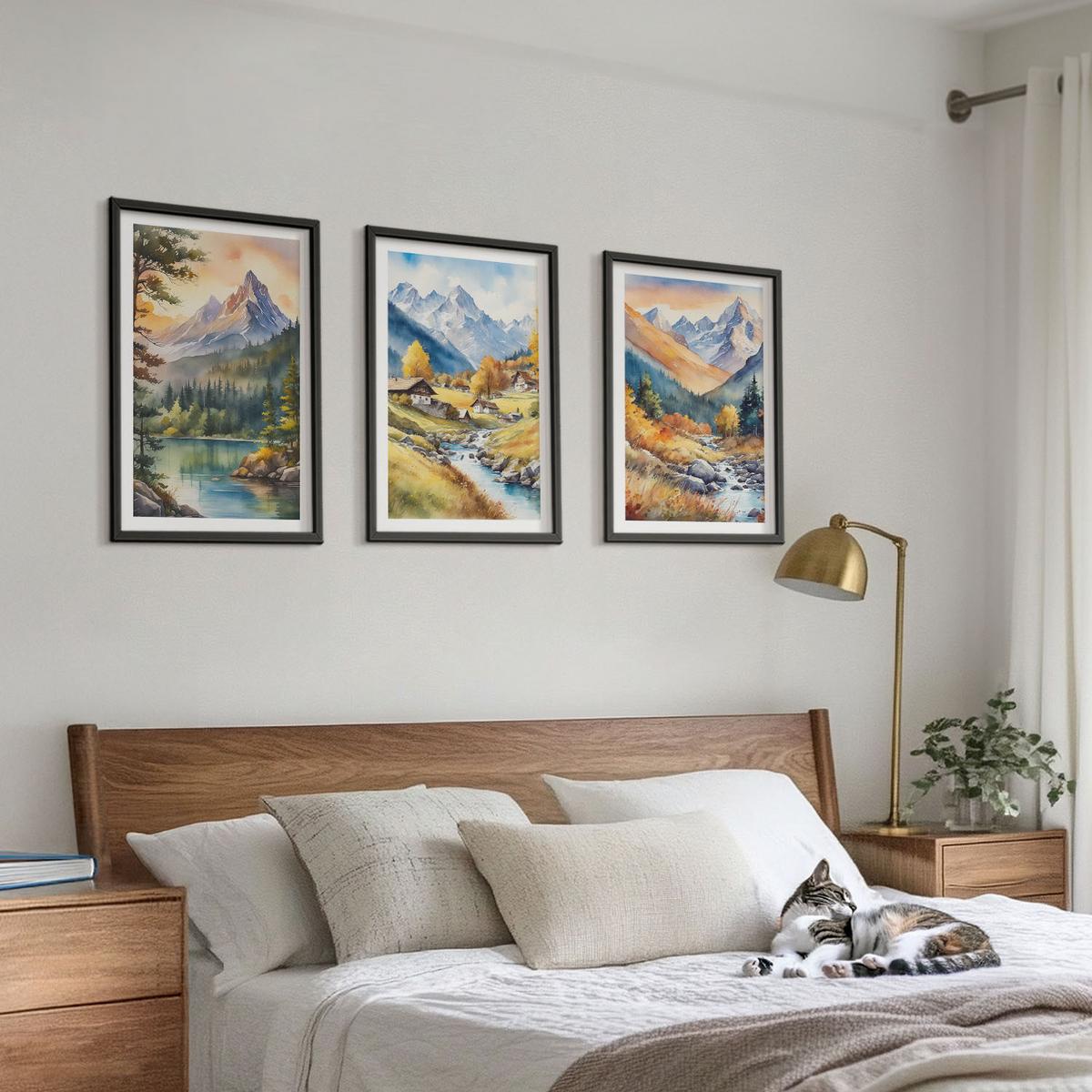 BILDER SET 3er Set - 40x60 cm Schwarzer Rahmen - Berglandschaft mit einem Fluss - Schwarz, Kunststoff (40/60cm) - TULUP