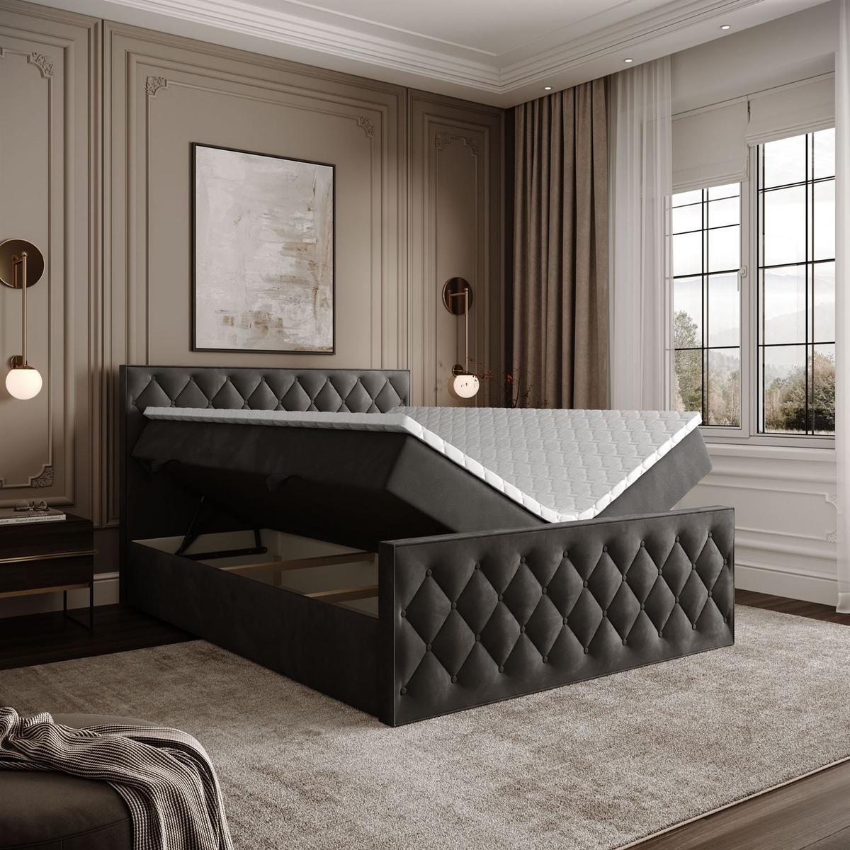BOXSPRINGBETT INEZ II mit Bettkasten mit Topper 140x200 cm Royal Velvet 185 - Graphitfarben, Textil - Lookway