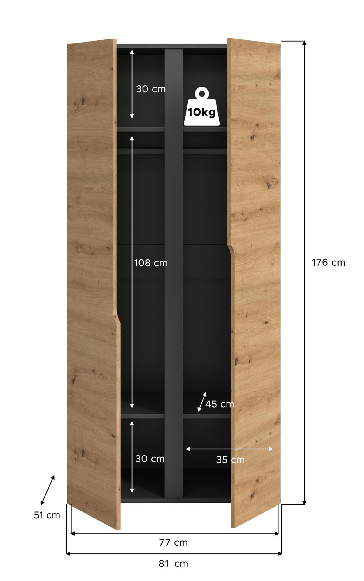KLEIDERSCHRANK Eiche Artisan, grau 81 x 176 cm, Drehtürenschrank 2-türig - Schwarz/Eiche Artisan, Holzwerkstoff/Kunststoff (81/176/51cm) - Inn.Furn