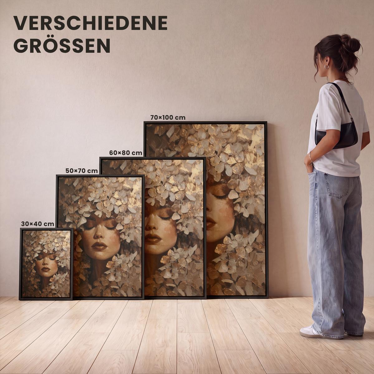 LEINWAND Bilder mit Rahmen - Gesicht - Dame - Blätter - Pinselstriche - 60x80 - Goldfarben, Textil (60/80cm) - MuchoWow