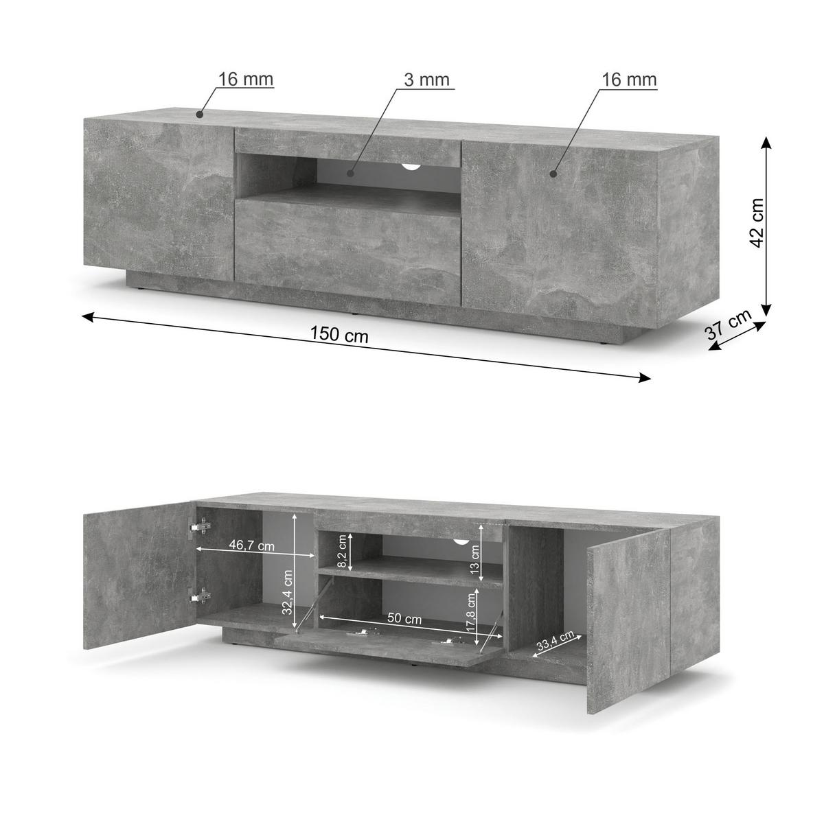 TV LOWBOARD Beton 150/42/37 - Grau, Holzwerkstoff (150/42/37cm) - RAUMHIRSCH FURNITURE