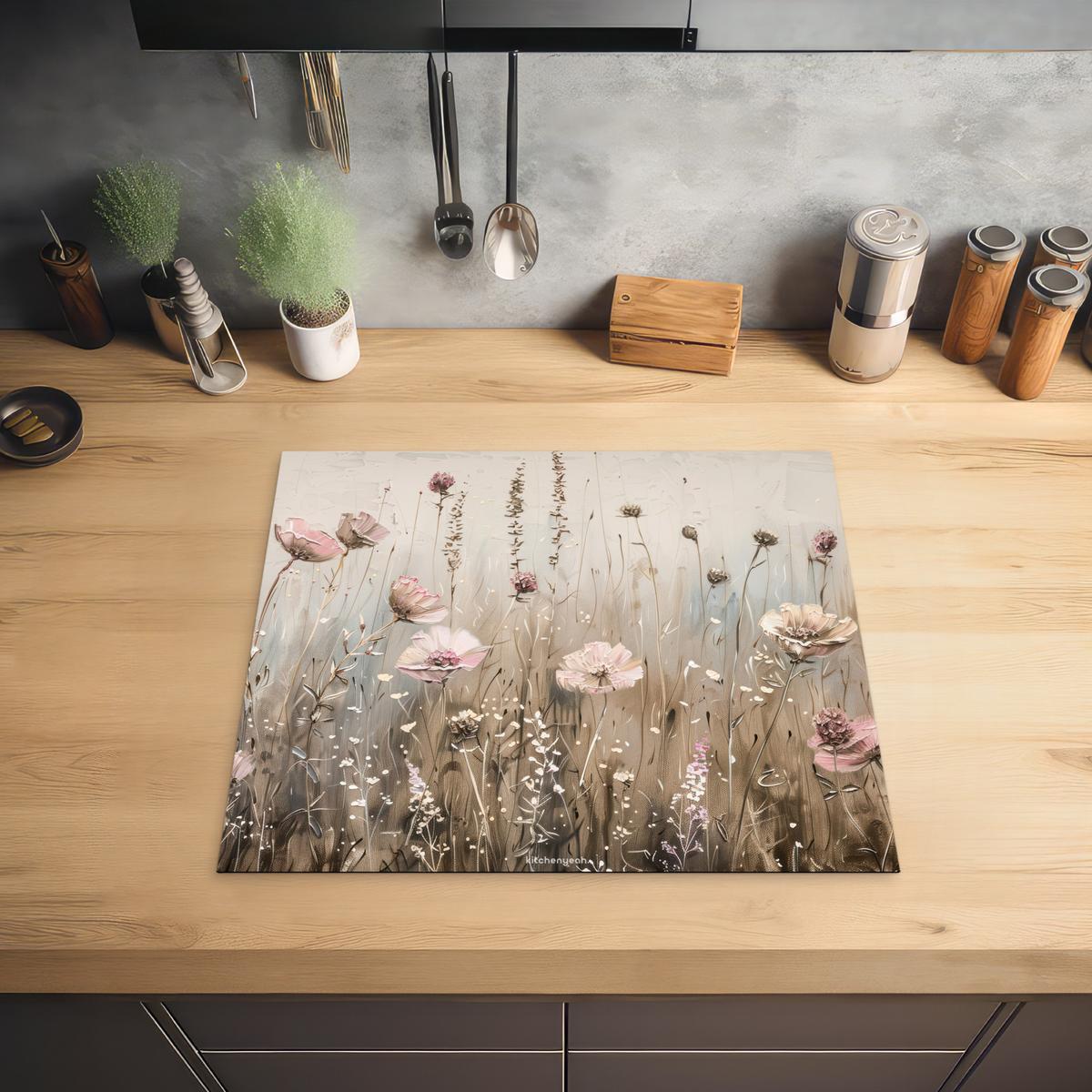 HERDABDECKPLATTE Blumen - Beige - Trockenblumen Abdeckung Ceranfeld 59x51 cm - Beige, Kunststoff (59/51/0.2cm) - MuchoWow